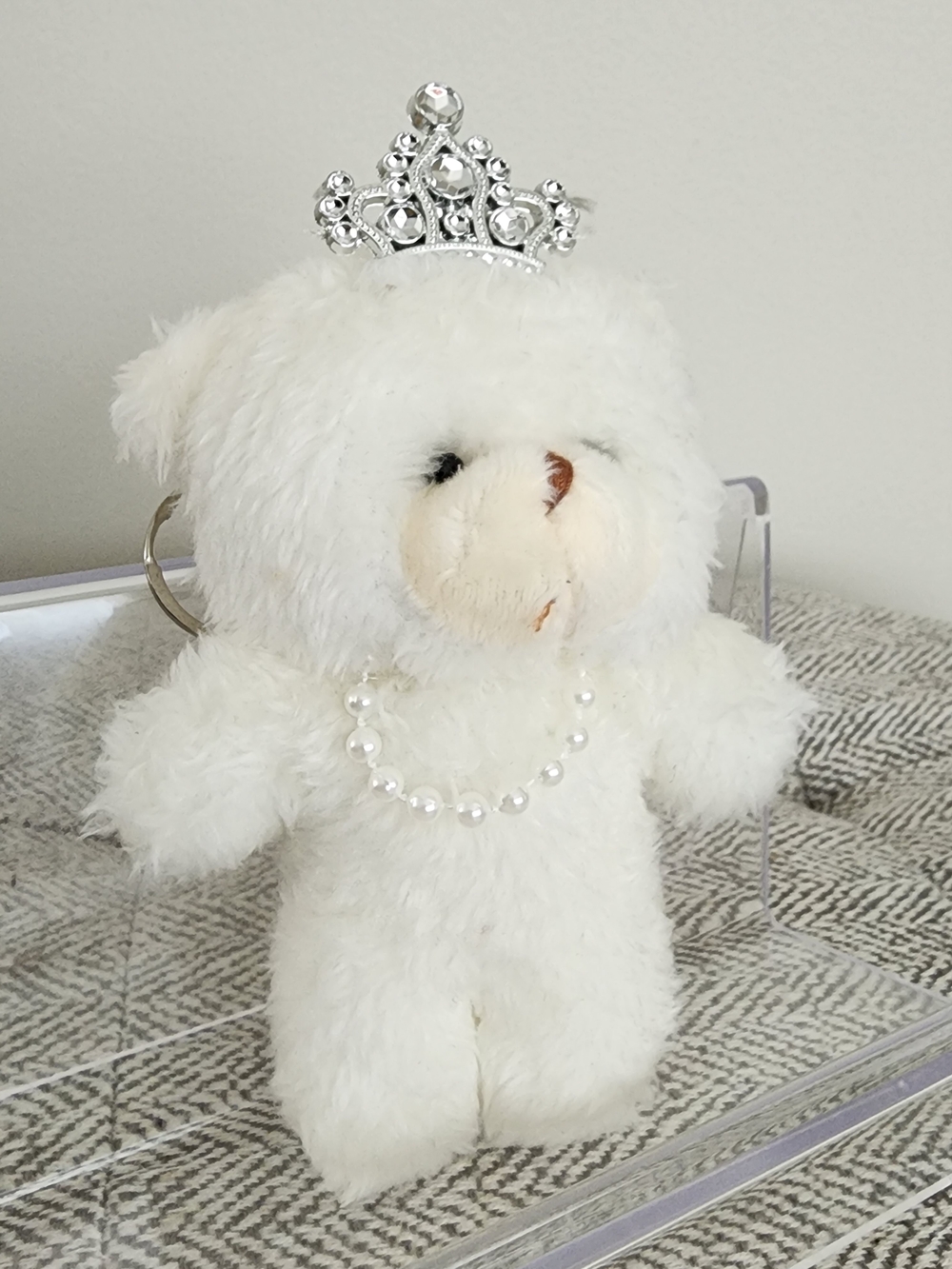 White Plush Bear Keychain with Tiara and Pearl Necklace